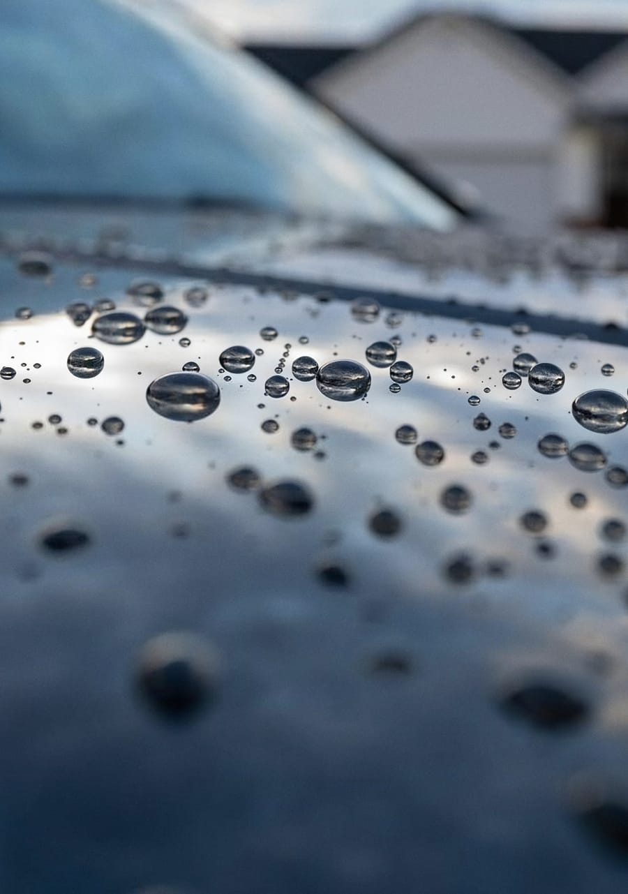 Water beading tightly across a ceramic-coated hood after a K&J Shine Works detail